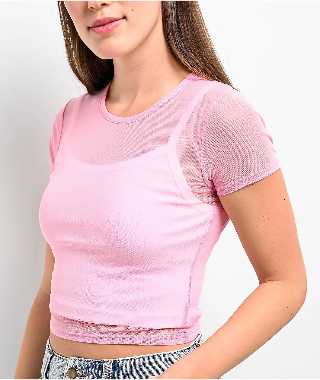 Zine Cashie Pink Mesh Crop T-Shirt Product Image