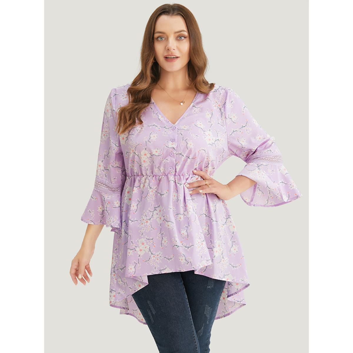 Plus Size Lilac Floral Bell Sleeve Button Through High Low Hem Blouse Women Elegant Elbow-length sleeve V-neck Dailywear Blouses BloomChic 28/5X Product Image