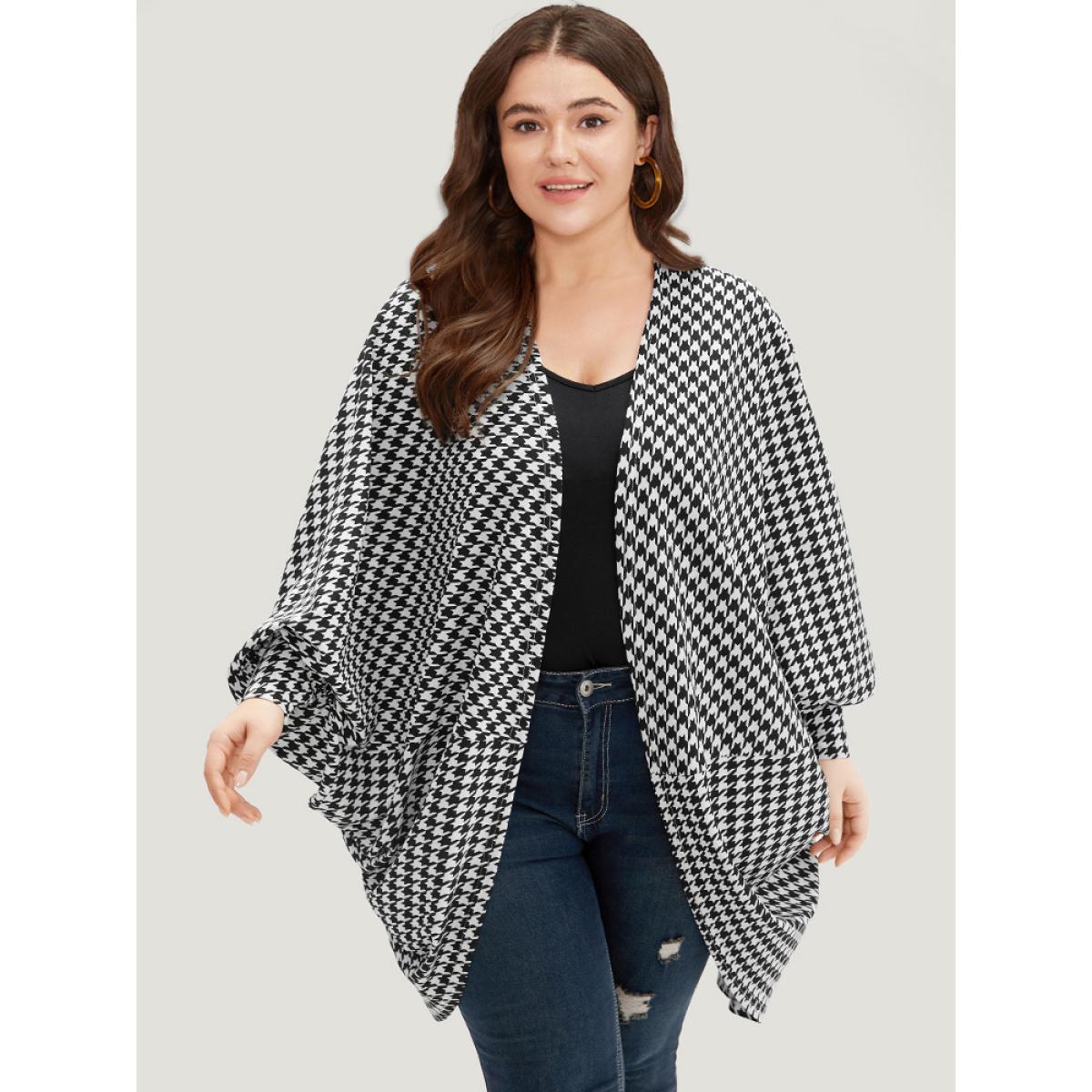 Plus Size Houndstooth Asymmetrical Hem Dolman Sleeve Kimono Women Black Casual Asymmetrical Loose Dailywear Kimonos BloomChic 22-24/3X Product Image