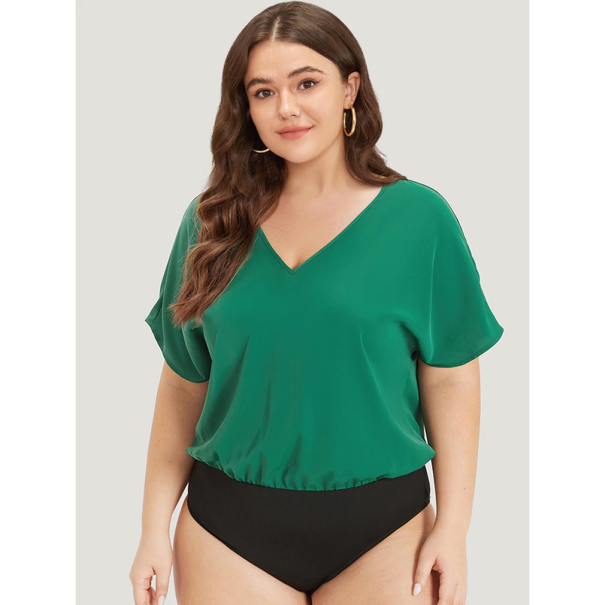 Plus Size Solid V Neck Dolman Sleeve Cut Out Bodysuit Women DarkGreen Plain Plain Bodysuits BloomChic 14-16/1X Product Image