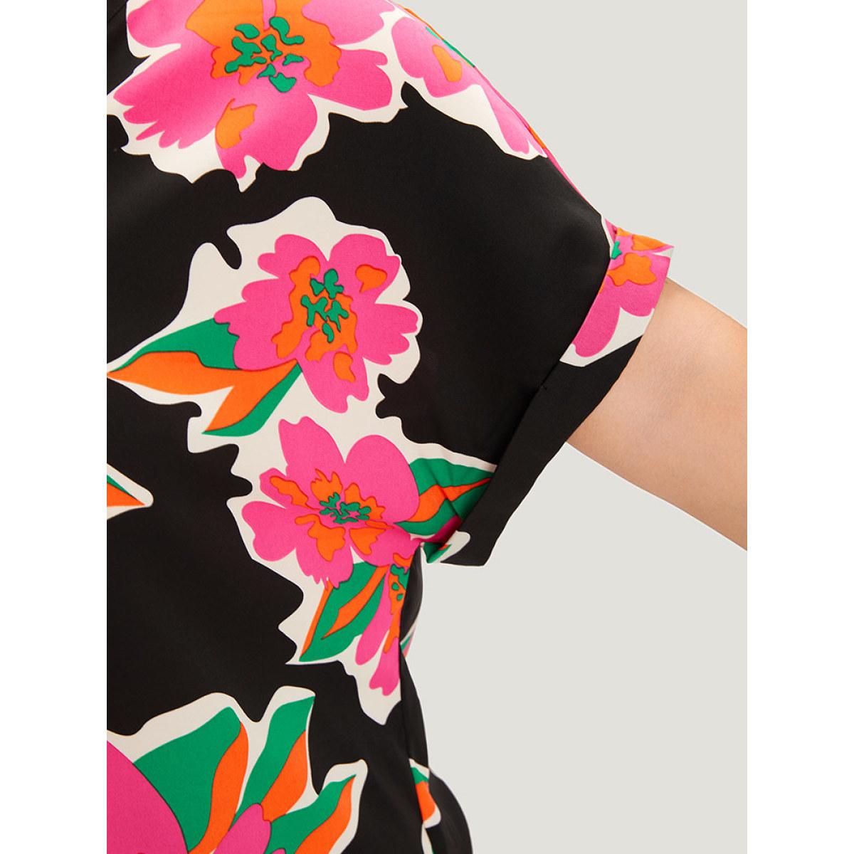 Plus Size Multicolor Floral Print Notched Roll Dolman Sleeve Blouse Women Glamour Short sleeve Notched collar Going out Blouses BloomChic 10/M Product Image