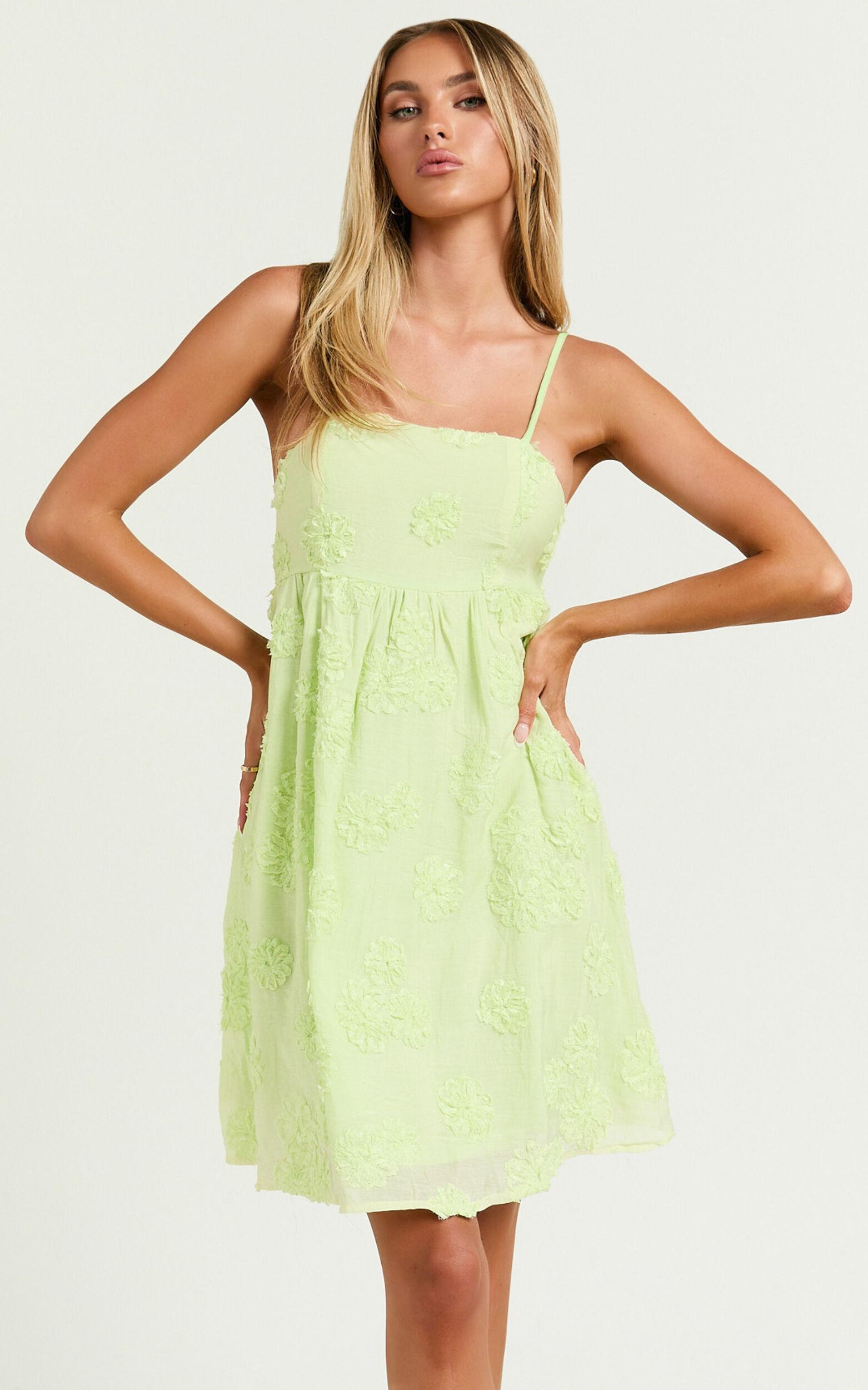 Claya Mini Dress - Sleeveless Straight Neckline Floral Detail Dress in Lime Product Image