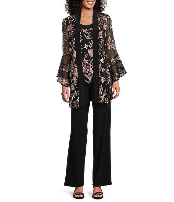 R & M Richards Bell Sleeve Scoop Neck Embroidered Mesh 3-Piece Duster Pant Set Product Image