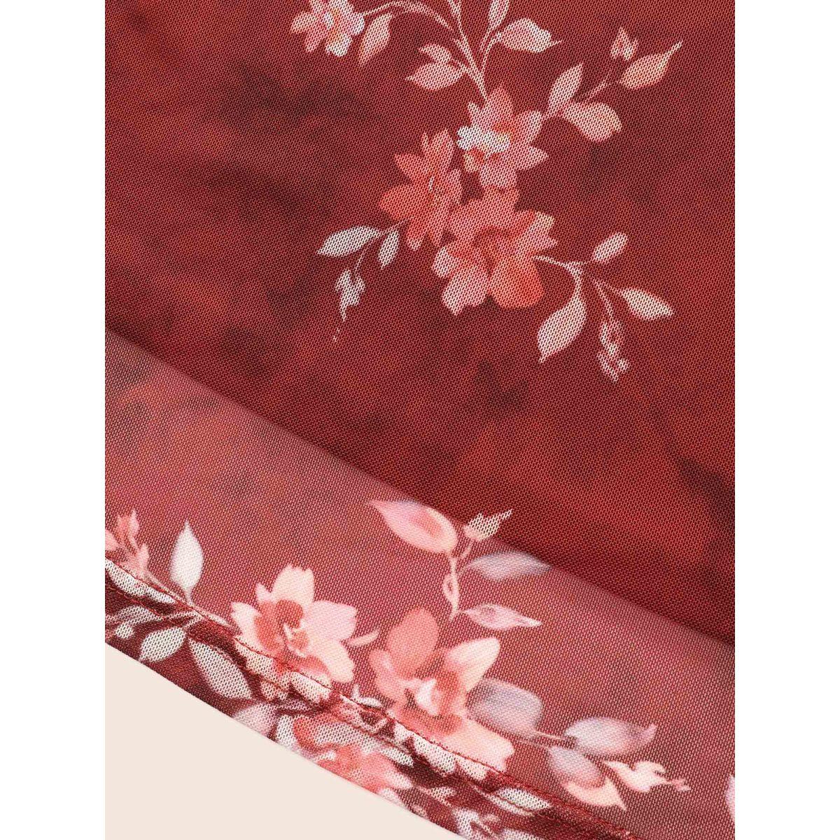 Plus Size Floral See Through Gathered Dress Burgundy Women Elegant Gathered V-neck Long Sleeve Curvy BloomChic 10/M Product Image