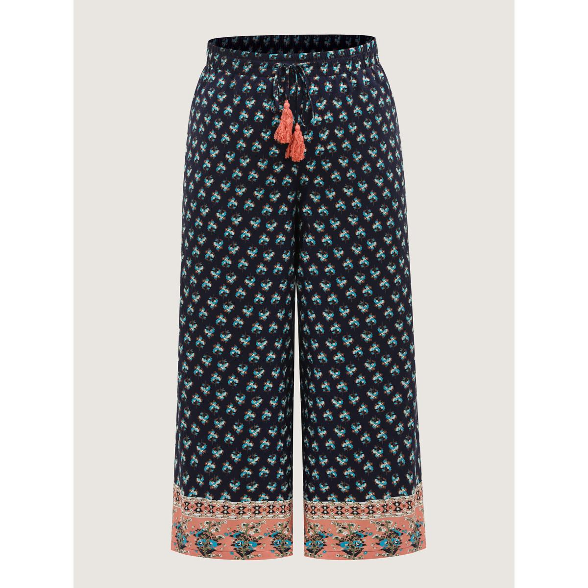 Plus Size Boho Stretchy Waist Wide-Leg Pants Women Multicolor Beach Wide Leg Mid Rise Vacation Pants BloomChic 10/M Product Image