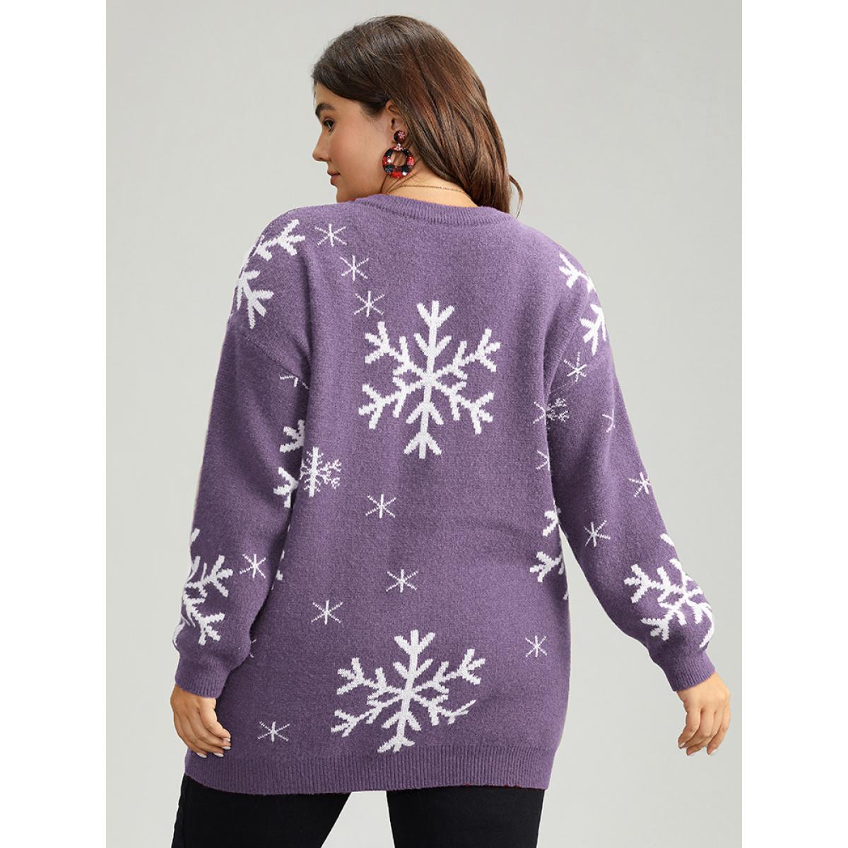 Plus Size Anti-Pilling Snowflake Print Pullover Mauve Women Casual Loose Long Sleeve V-neck Dailywear Pullovers BloomChic 10/M Product Image