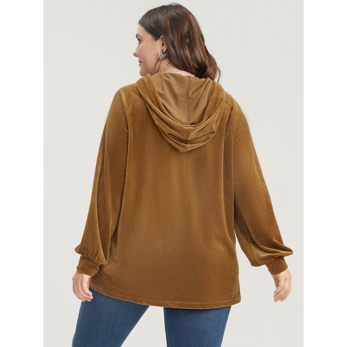 Plus Size Solid Corduroy Drawstring Hooded Sweatshirt Women DarkBrown Casual Drawstring Hooded Dailywear Sweatshirts BloomChic 12/L Product Image