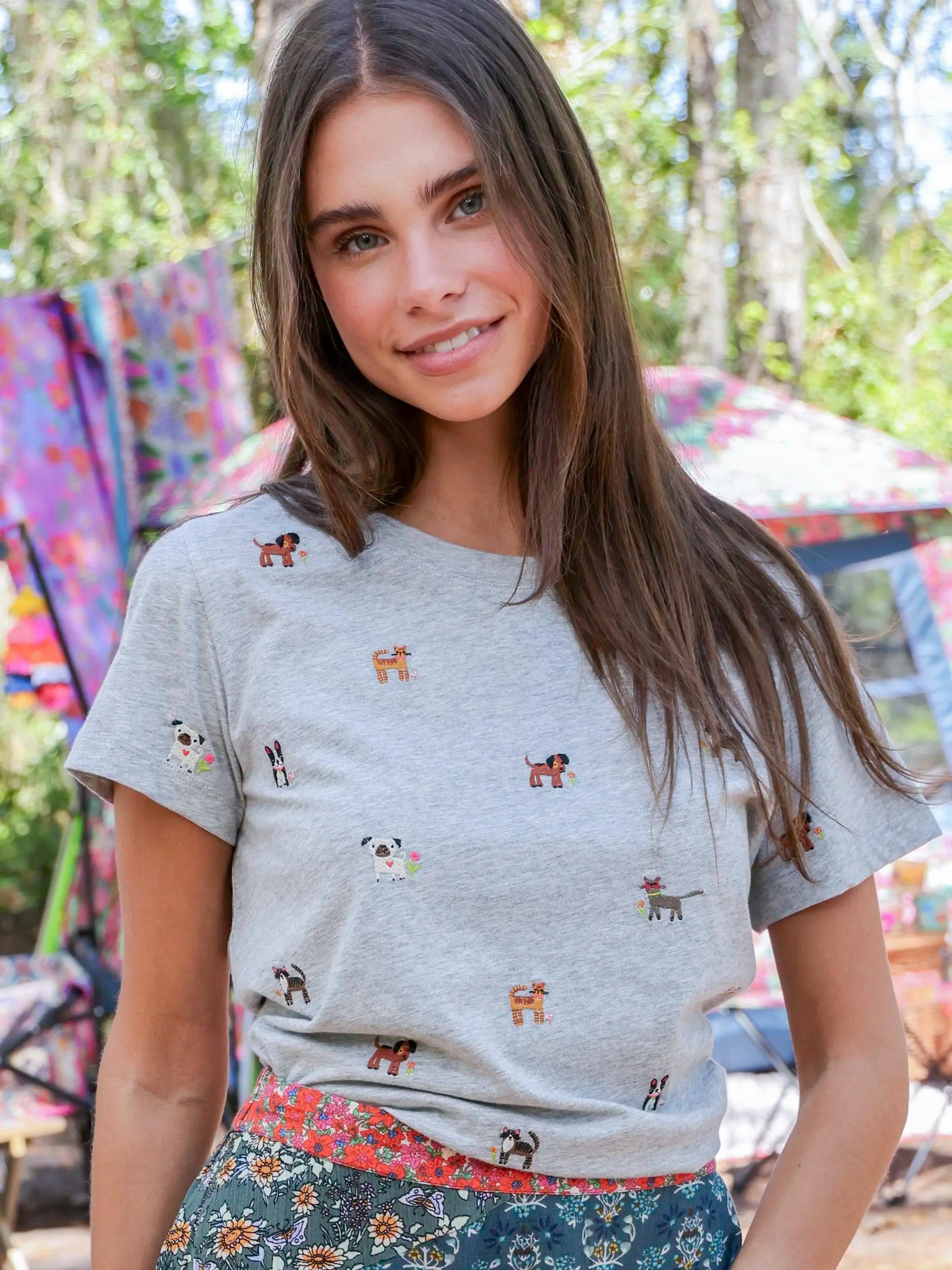 Fave Little Things Embroidered Tee - Grey Pets Product Image