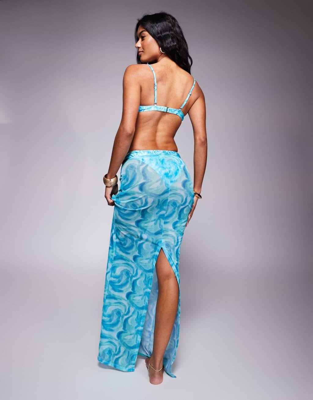 South Beach abstract print mesh maxi beach skirt in blue Product Image