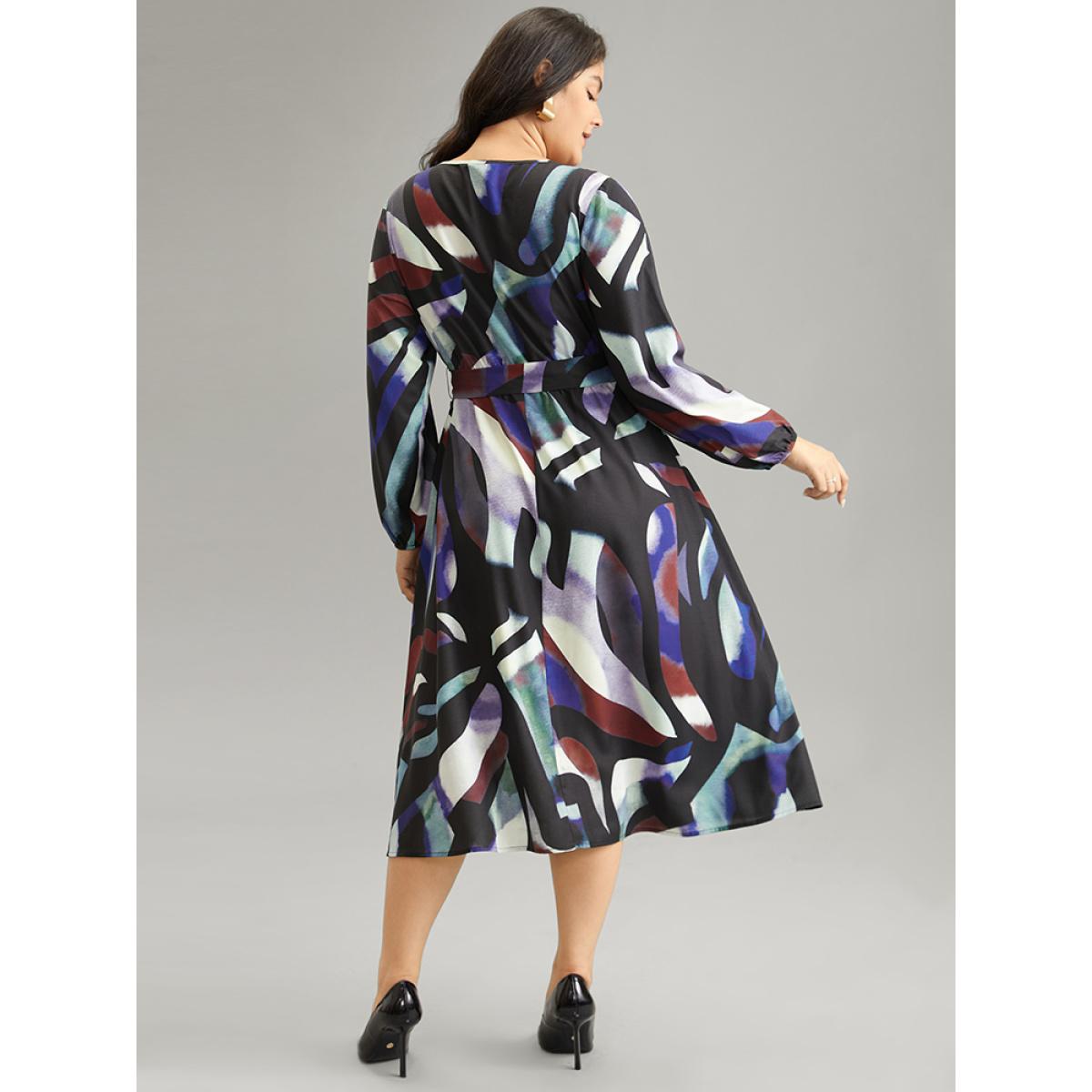 Plus Size Metal Strip Notched Belted Colorblock Contrast Dress Multicolor Women At the Office Elastic cuffs Keyhole Cut-Out Long Sleeve Curvy Midi Dress BloomChic 14-16/1X Product Image