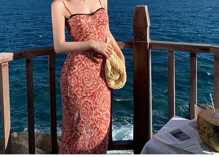 Spaghetti Strap Floral Print Midi Mermaid Dress Product Image