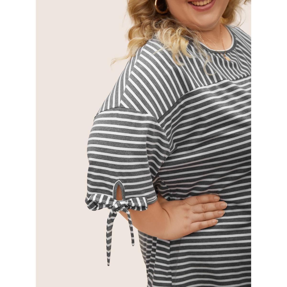 Plus Size Striped Boat Neck Tie Knot T-shirt DimGray Women Leisure Tie knot Boat Neck Casual T-shirts BloomChic 14-16/1X Product Image