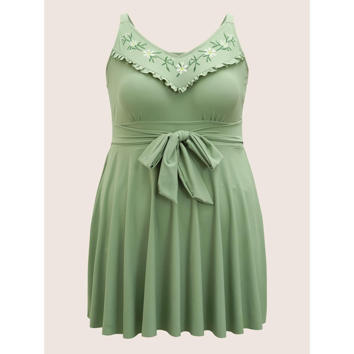 Plus Size Floral Embroidered Frill Trim Tie knot Swim Dress Women's Swimwear Palemauve Beach Bodycon Heart neckline High stretch Curve Swim Dresses BloomChic 22-24/3X Product Image