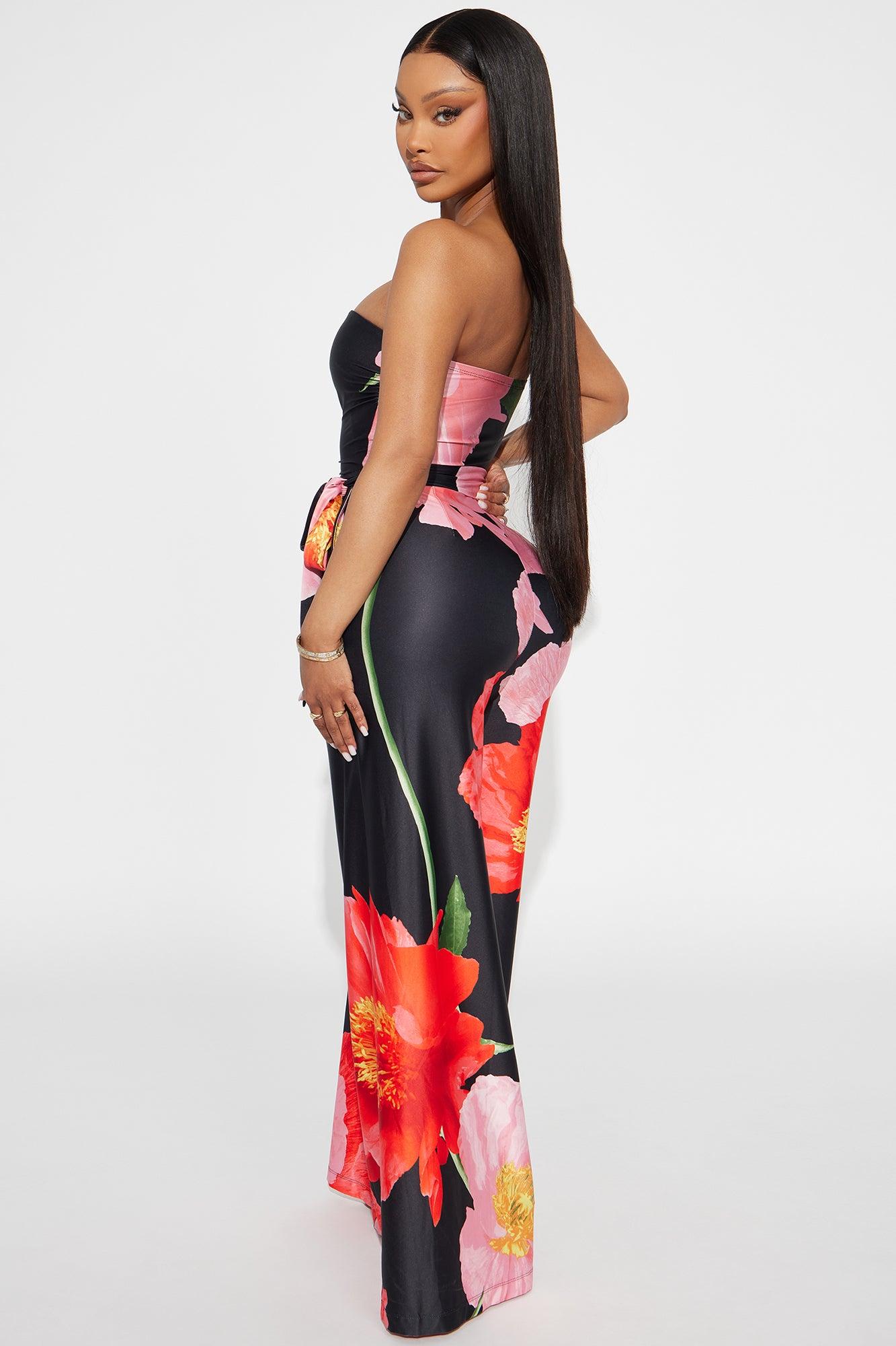 Falling Flower Wide Leg Strapless Jumpsuit - Black/combo Product Image
