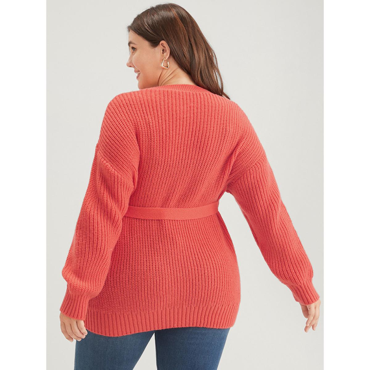 Plus Size Plain Pointelle Knit Geometric Eyelet Belted Open Front Cardigan OrangeRed Women Elegant Loose Long Sleeve Dailywear Cardigans BloomChic 28/5X Product Image