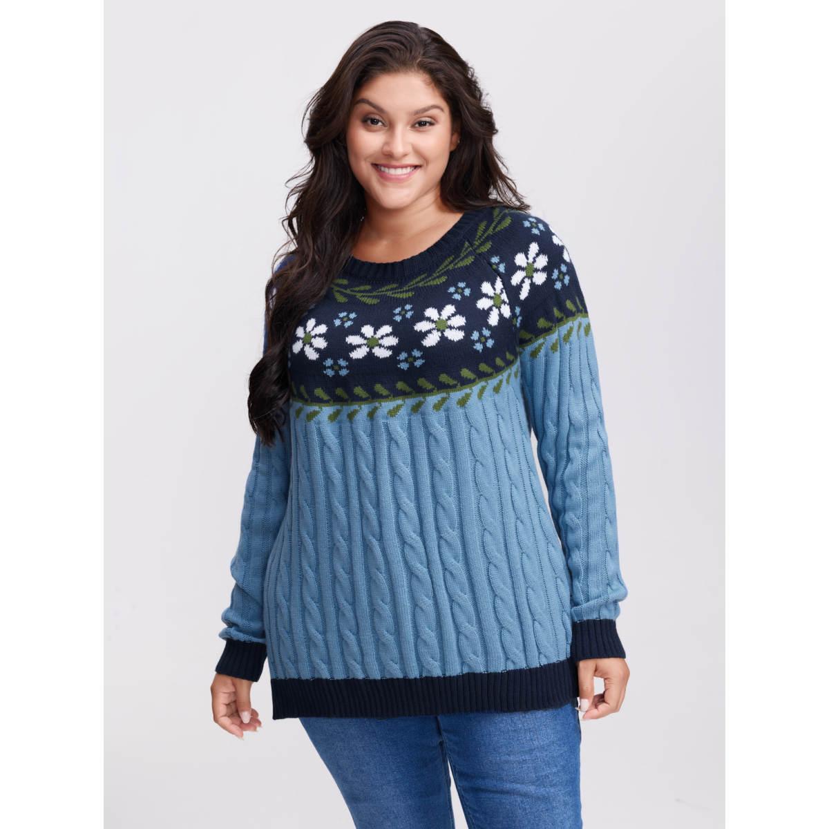 Plus Size Cable Knit Jacquard Floral Contrast Pullover LightBlue Women Playful Loose Long Sleeve Round Neck Casual Pullovers BloomChic 30/6X Product Image