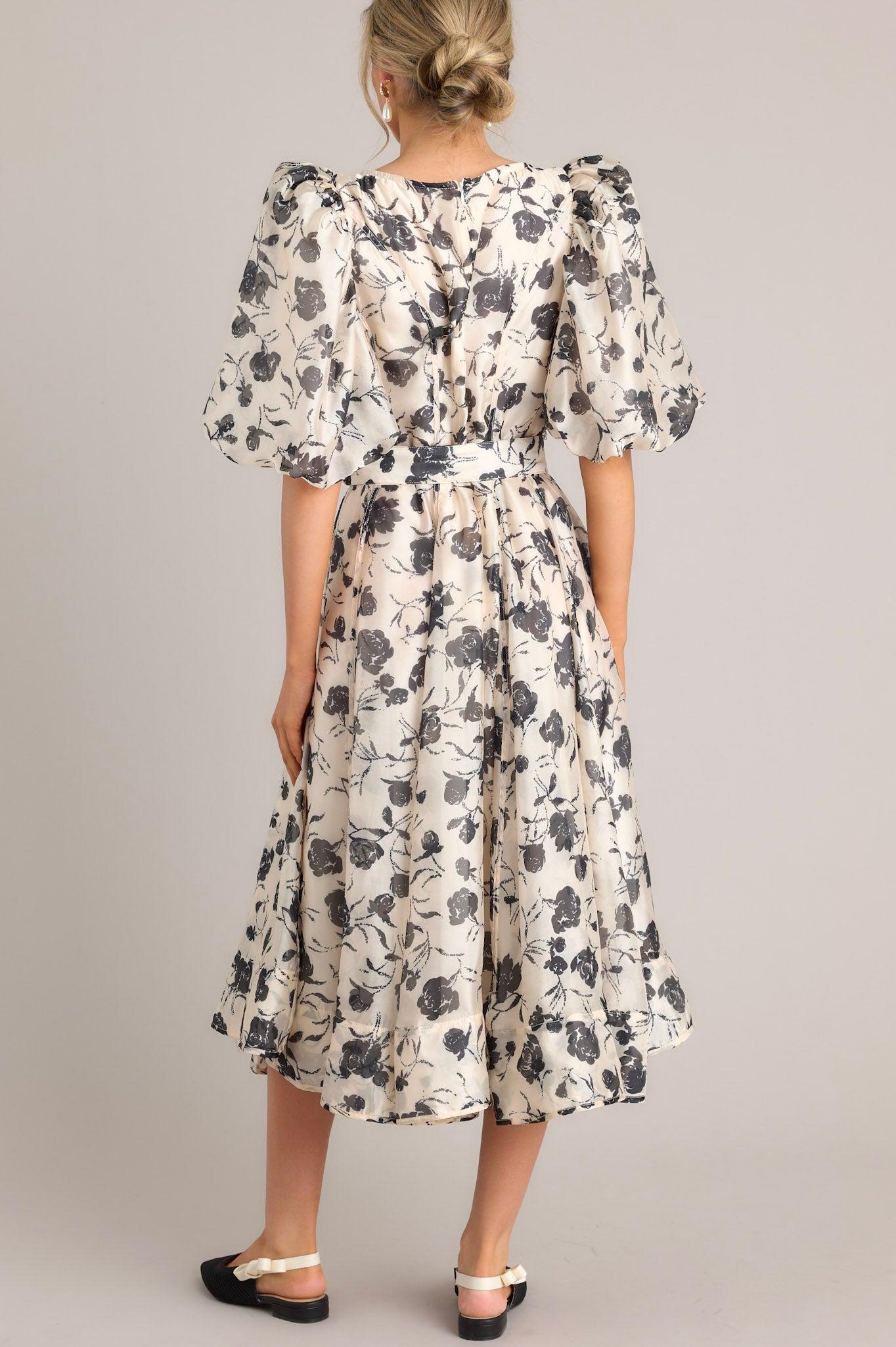 Blossoming Resilience Ivory & Black Floral Belted Midi Dress Product Image