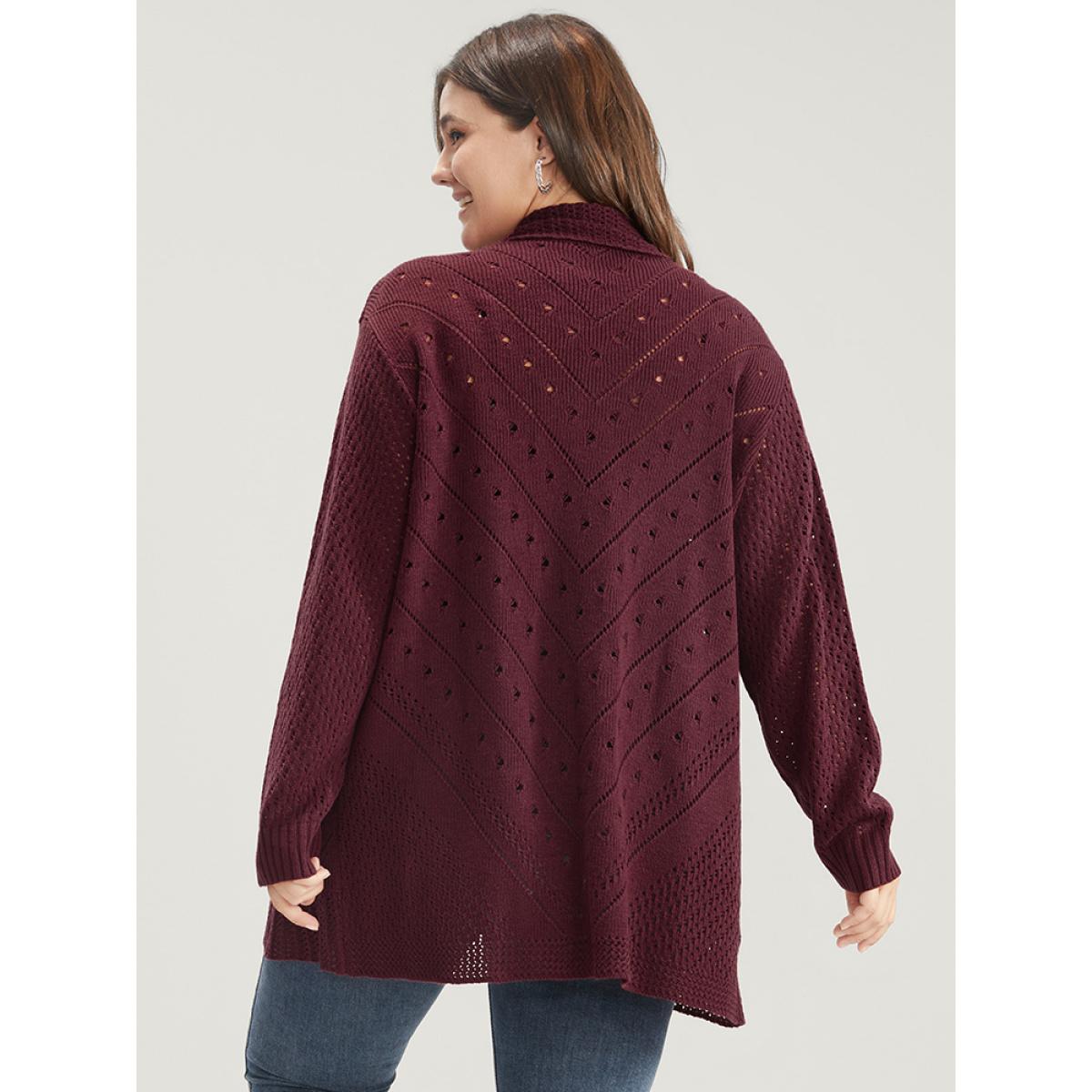 Plus Size Solid Pointelle Knit Lapel Collar Geometric Crochet Open Front Cardigan Burgundy Women Elegant Loose Long Sleeve Dailywear Cardigans BloomChic 12/L Product Image