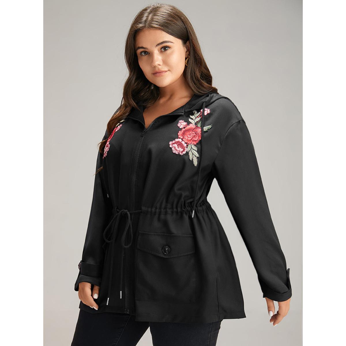 Plus Size Floral Embroidered Elastic Waist Hooded Drawstring Coat Women Black Zipper Pocket Dailywear Jackets BloomChic 12/L Product Image
