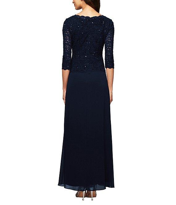 Alex Evenings Petite Size Sequined Lace Bodice Crew Neck 3/4 Sleeve Chiffon Skirted Gown Product Image