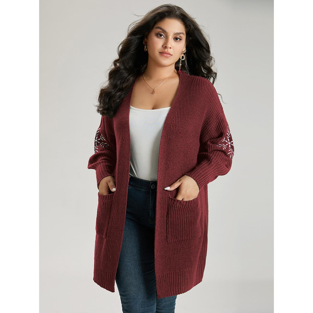 Plus Size Snowflake Embroidered Patched Pocket Cardigan Scarlet Women Casual Loose Long Sleeve Festival-Christmas Cardigans BloomChic 28/5X Product Image