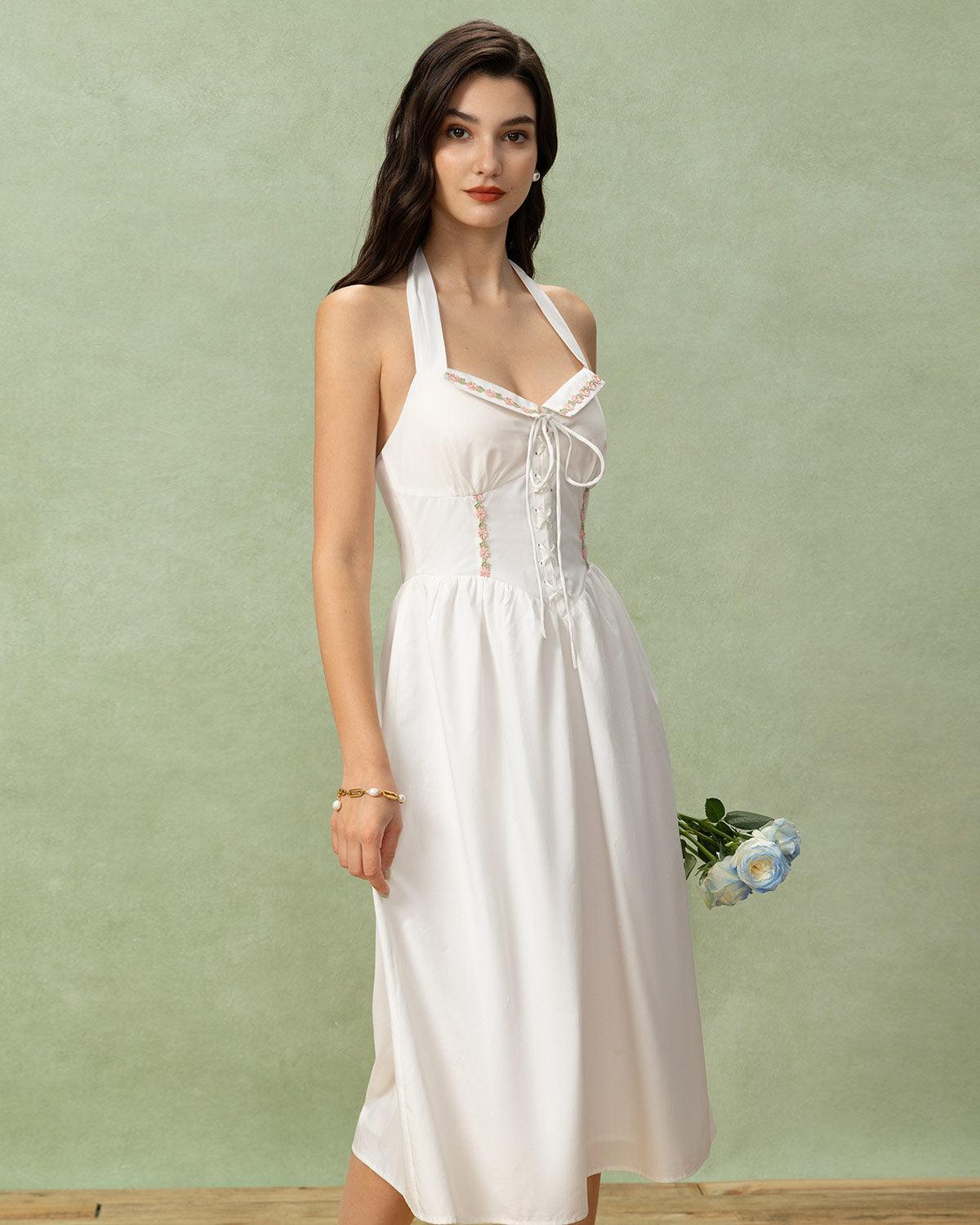 White Embroidery A-Line Halter Midi Dress Product Image