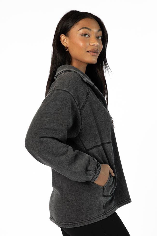 Learn As You Go Black Acid Wash Collared Pullover FINAL SALE Product Image