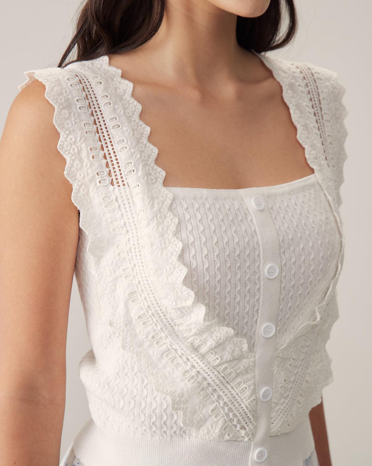 White Ruffle Embroidery Tank Product Image