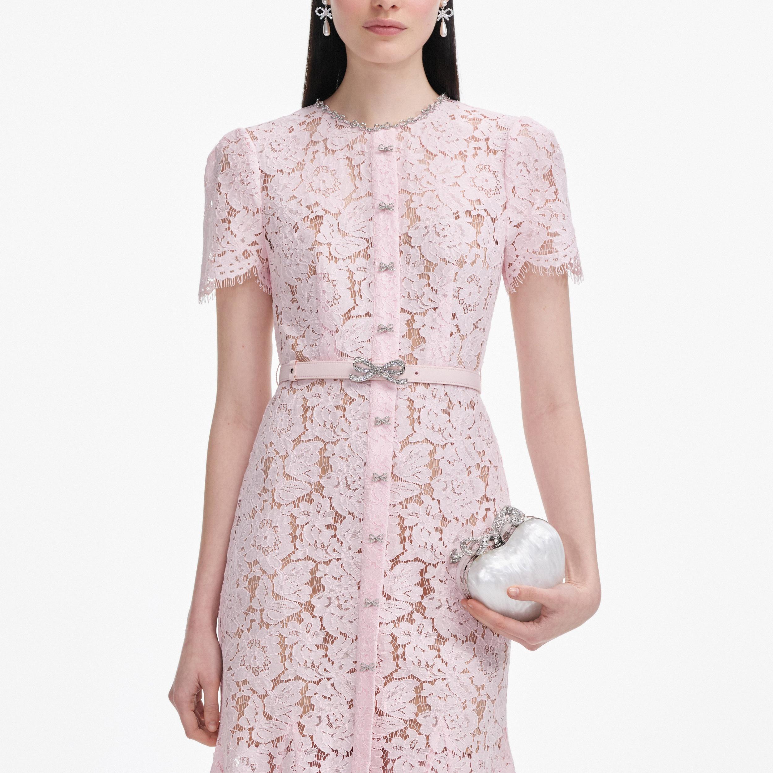 Pink Lace Bow Trim Midi Dress Product Image