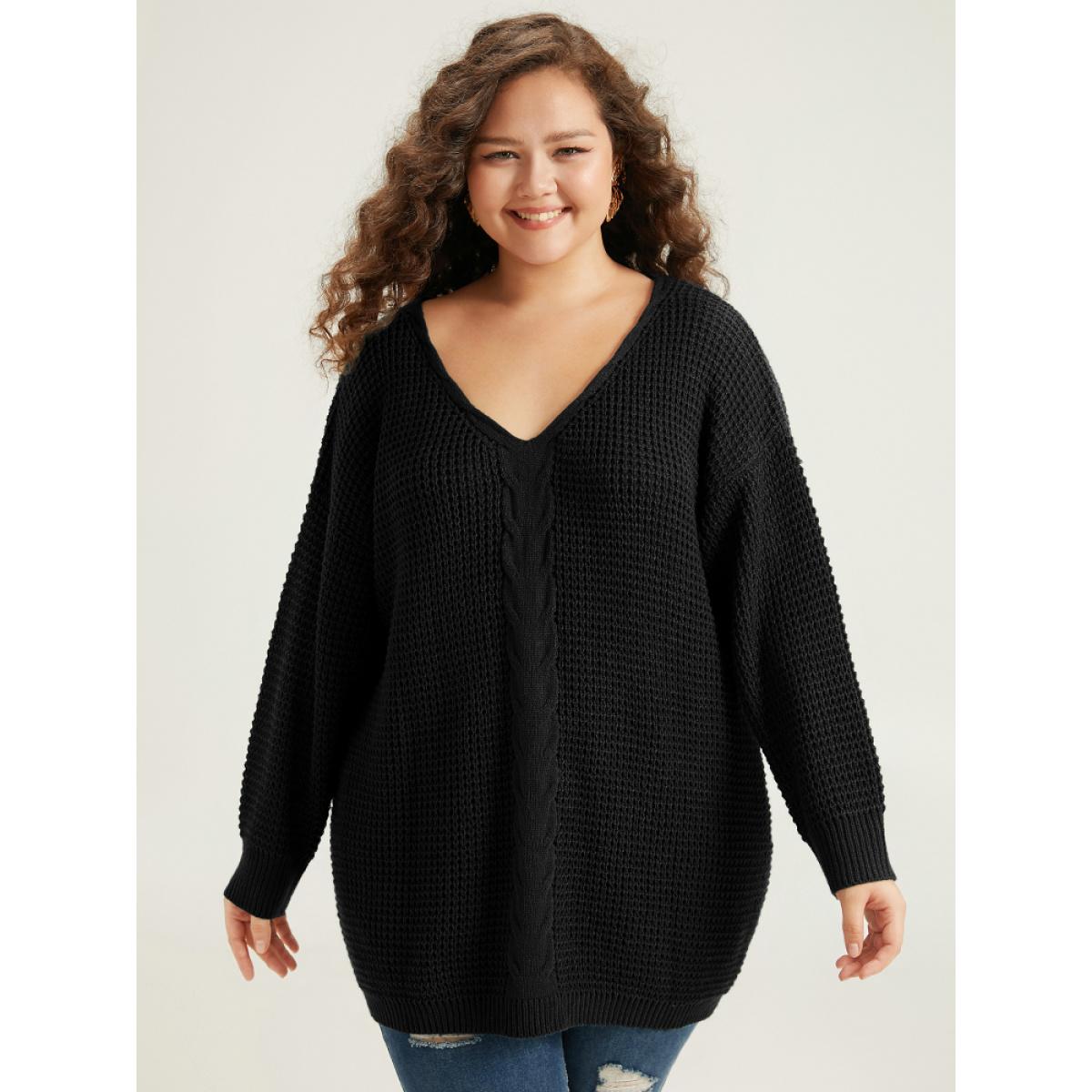 Plus Size Cable Knit Plain Elastic Cuffs Pullover Black Women Casual Loose Long Sleeve V-neck Dailywear Pullovers BloomChic 18-20/2X Product Image