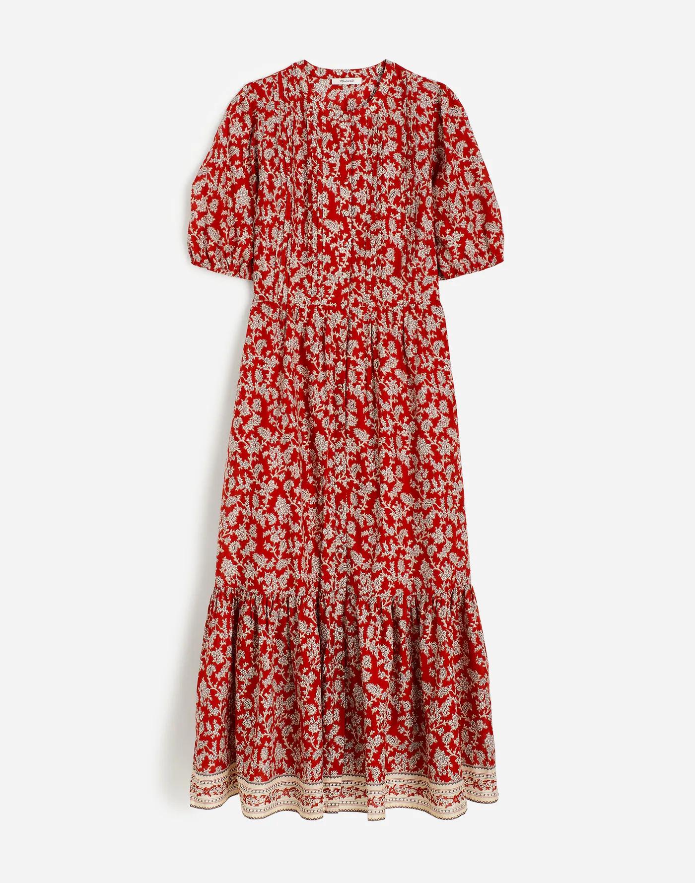 Pintucked Puff-Sleeve Midi Dress in Floral Product Image