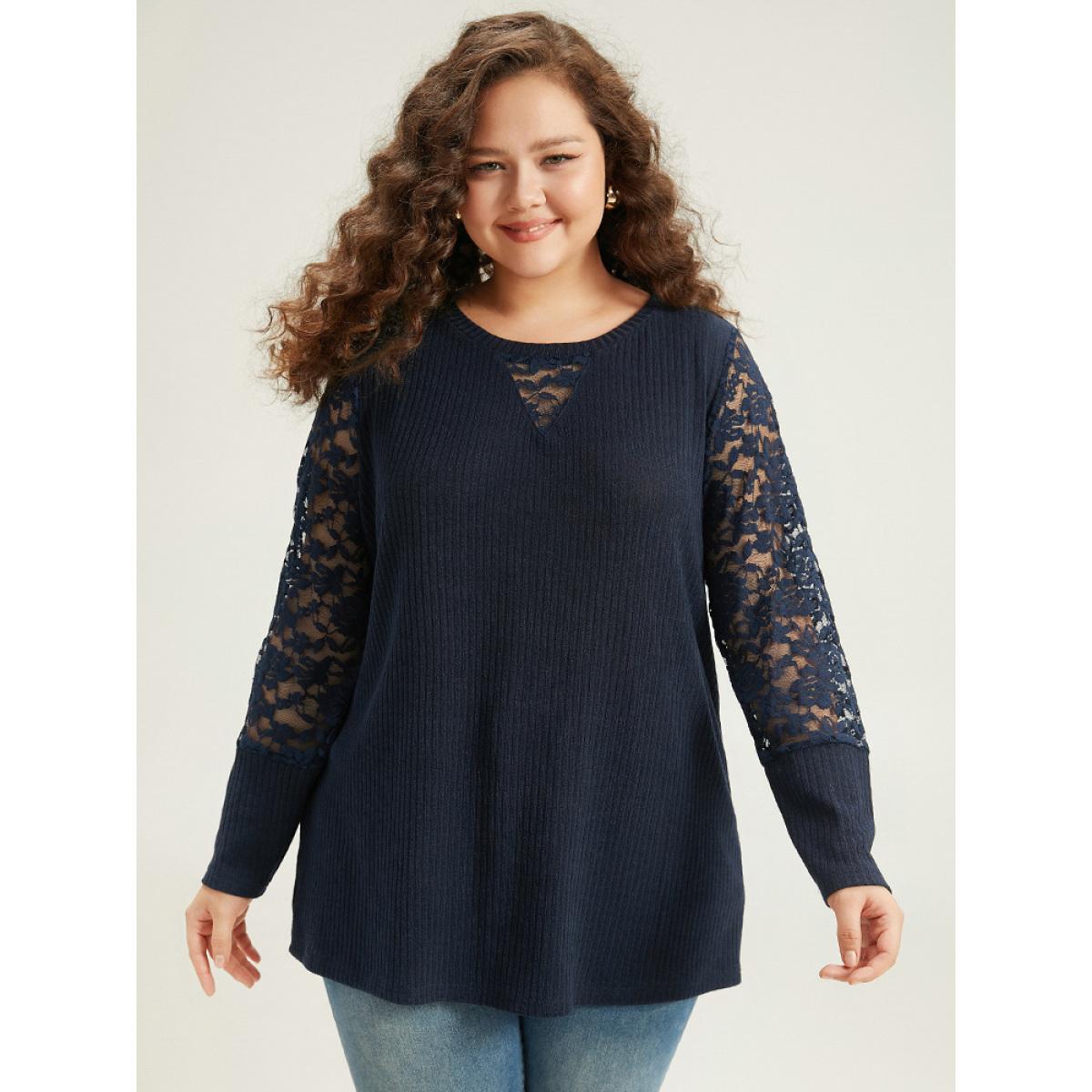 Plus Size Crochet Lace Mesh Crew Neck Sweatshirt Indigo Women Elegant Plain Plain Round Neck Dailywear T-shirts BloomChic 10/M Product Image