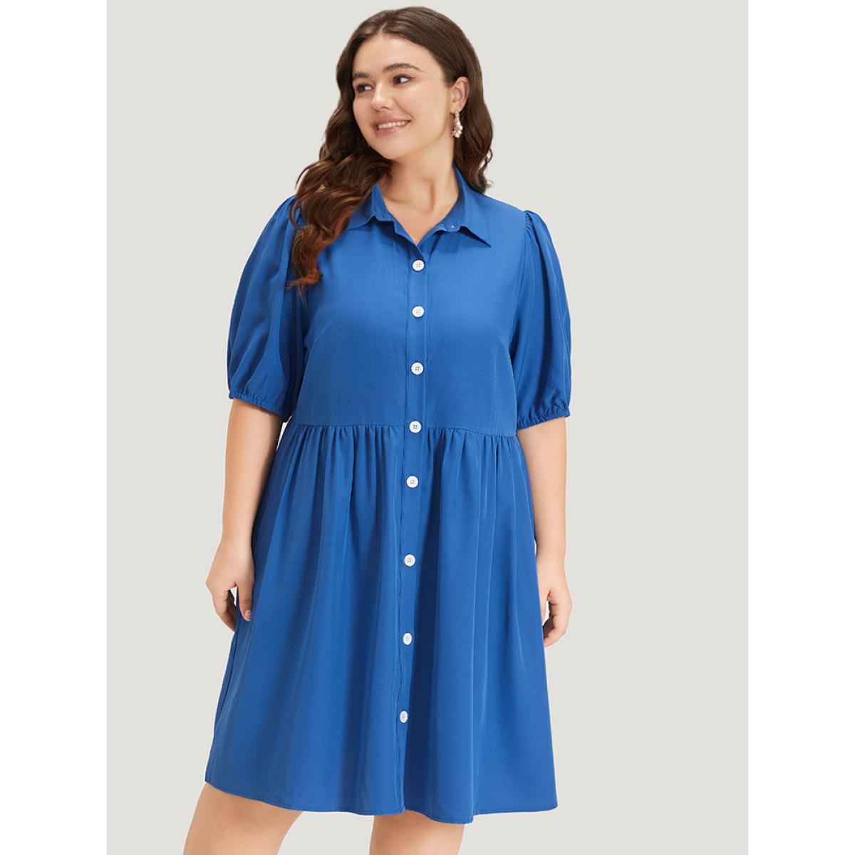 Plus Size Plain Shirt Collar Button Through Gathered Lantern Sleeve Dress Blue Women Elegant Elastic cuffs Shirt collar Half Sleeve Curvy Knee Dress BloomChic 18-20/2X Product Image