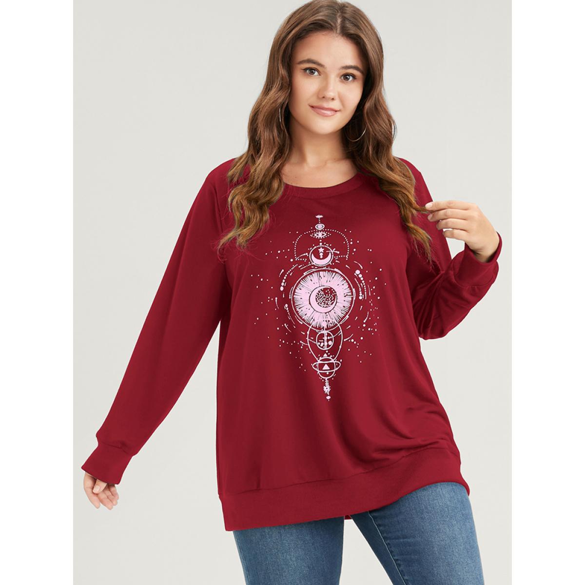 Plus Size Star Print Round Neck Drop Shoulder Sweatshirt Women Burgundy Casual Printed Round Neck Dailywear Sweatshirts BloomChic 26/4X Product Image
