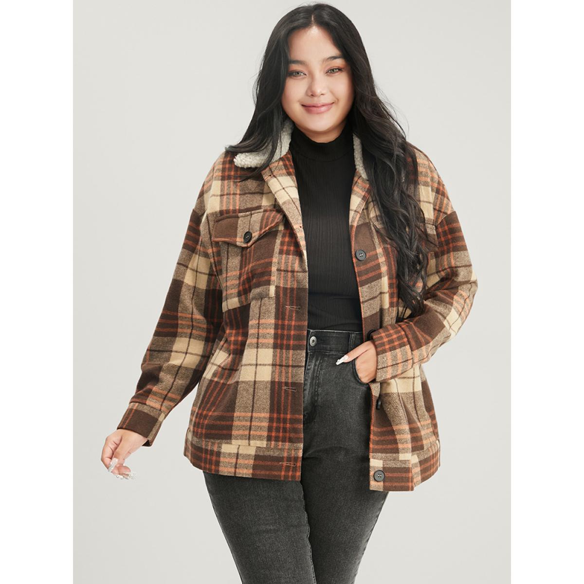Plus Size Plaid Flap Pocket Button Up Coat Women Chocolate Casual Contrast Ladies Dailywear Winter Coats BloomChic 14-16/1X Product Image