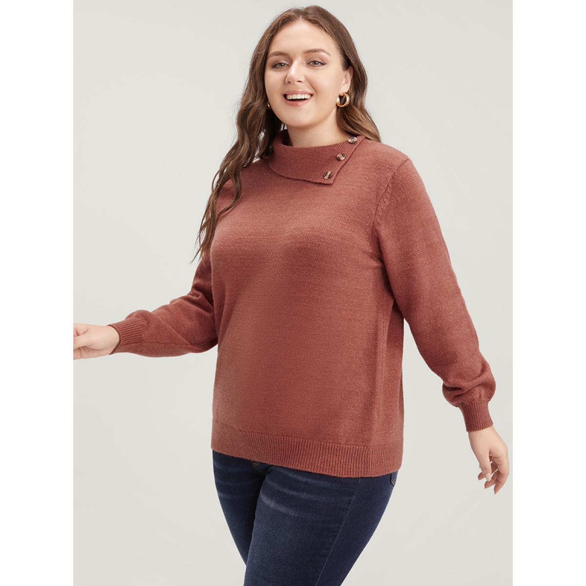Plus Size Solid Super Soft Plush Knit Button Detail Asymmetrical Knit Top Rust Women Casual Loose Long Sleeve Dailywear Pullovers BloomChic 28/5X Product Image