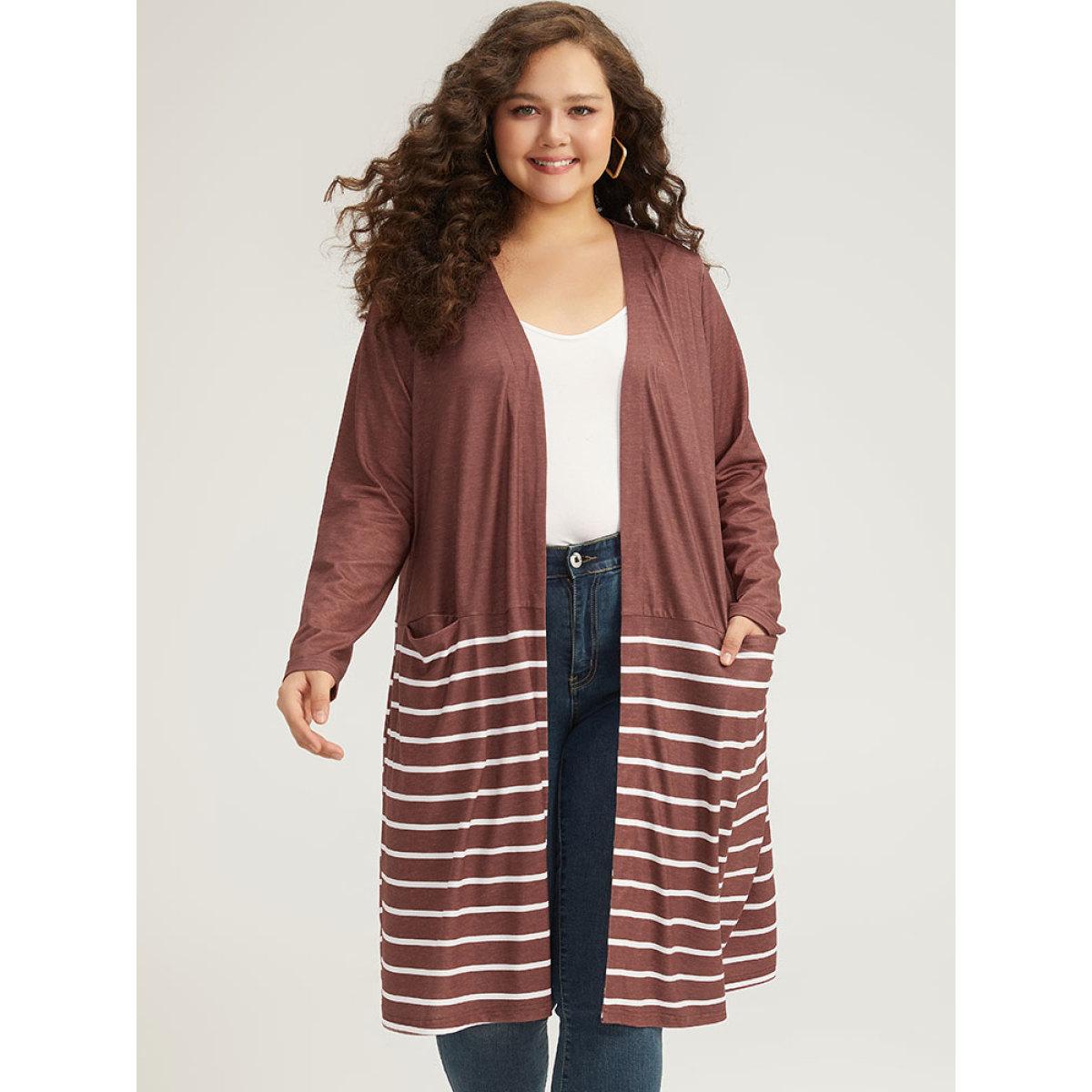 Plus Size Striped Contrast Pocket Open Front Kimono Women DarkBrown Casual Contrast Pocket Dailywear Kimonos BloomChic 18-20/2X Product Image