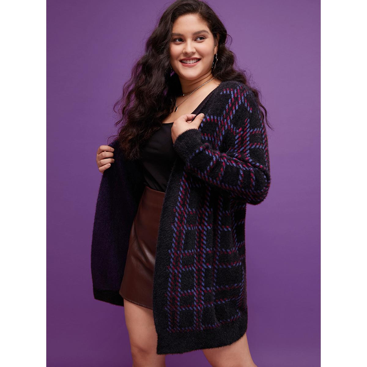 Plus Size Plaid Contrast Soft Sexy Yarn Knit Fluffy Open Front Cardigan BlackFlower Women Casual Loose Long Sleeve Everyday Cardigans BloomChic 10/M Product Image