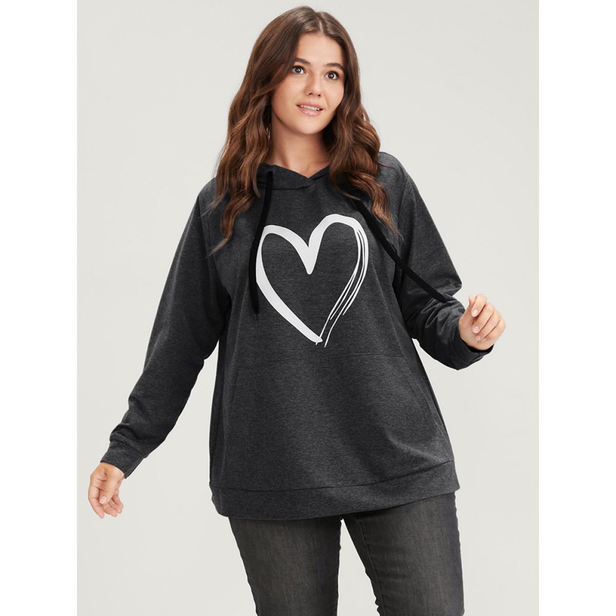 Plus Size Heart Print Drop Shoulder Pocket Drawstring Hooded Sweatshirt Women DarkGray Casual Plain Hooded Dailywear Sweatshirts BloomChic 18-20/2X Product Image