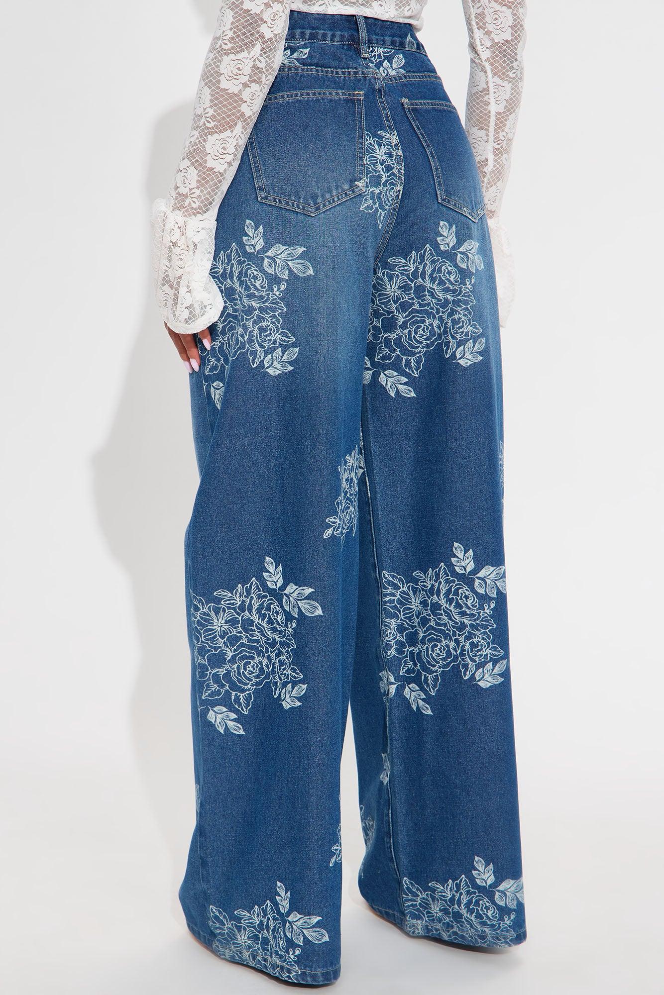 Rose Kiss Floral Print Wide Leg Jeans - Medium Wash Female Product Image