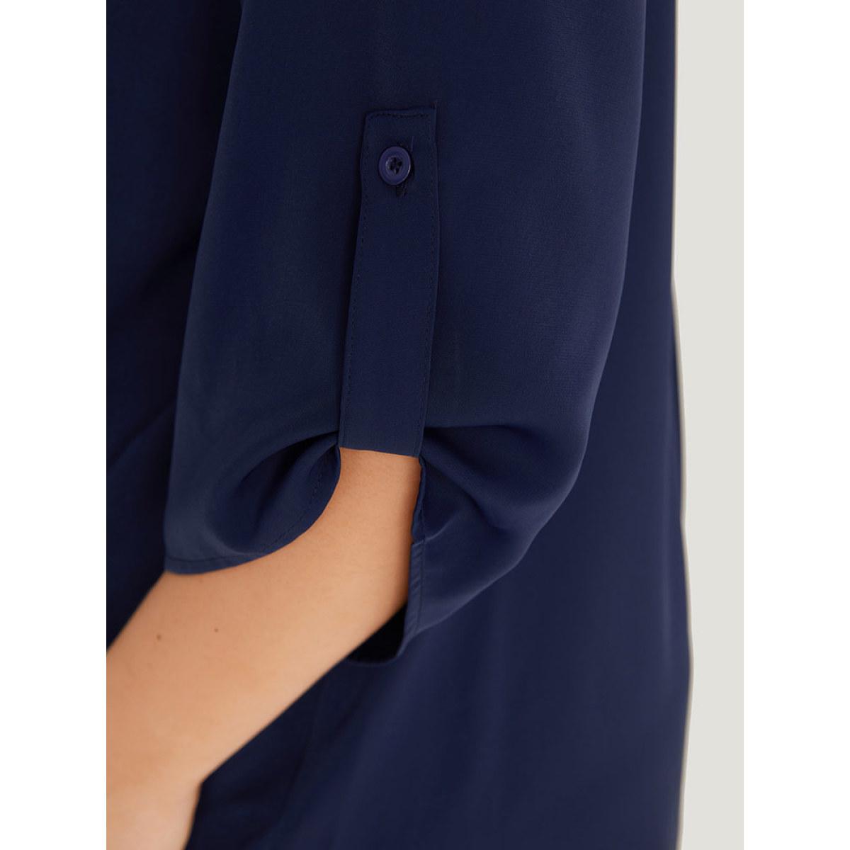 Plus Size Indigo Solid Button Up Notched Crossover Hem Blouse Women Office Elbow-length sleeve Notched collar Work Blouses BloomChic 14-16/1X Product Image