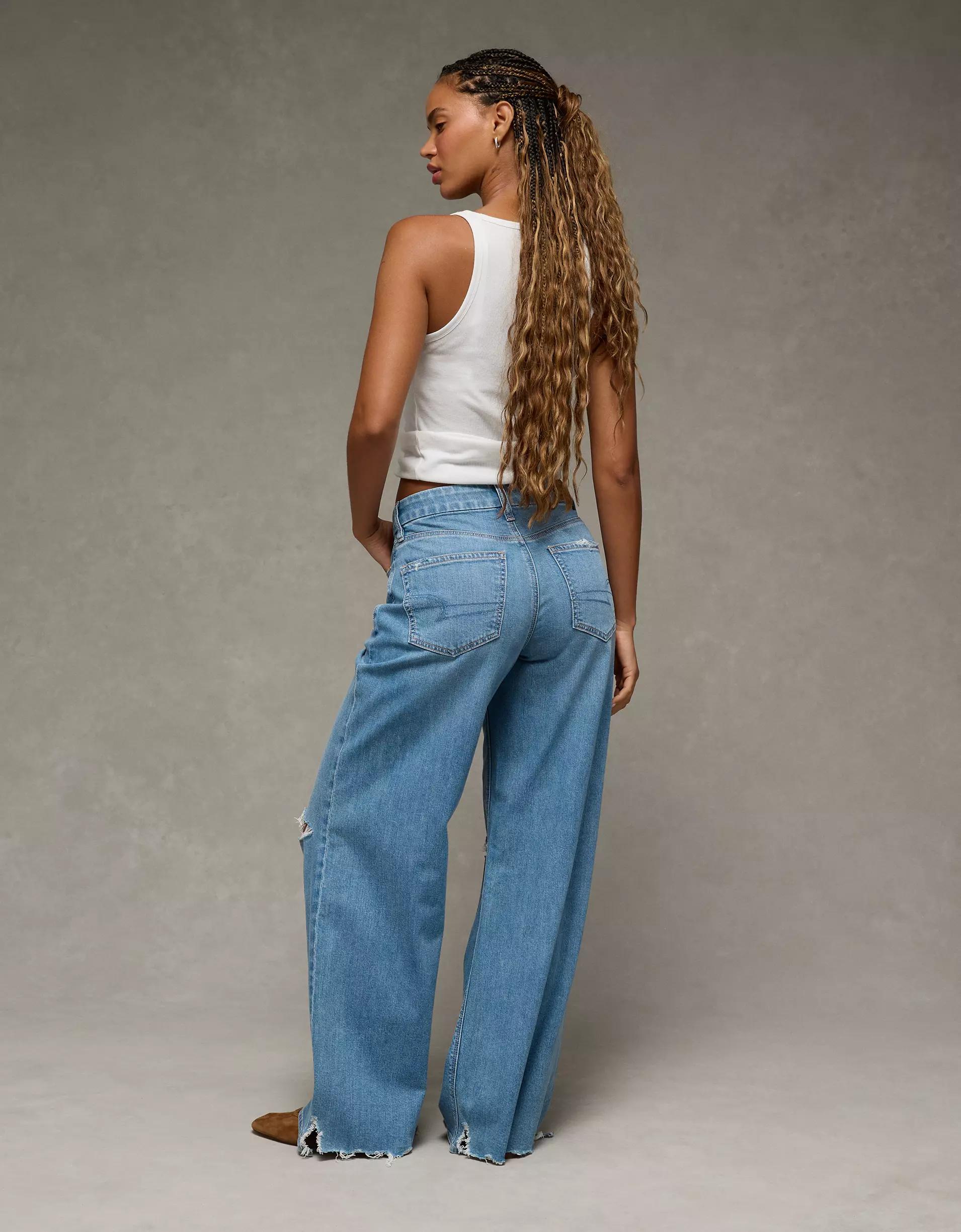 AE Dreamy Drape Stretch Curvy Ripped Super High-Waisted Baggy Wide-Leg Jean Product Image