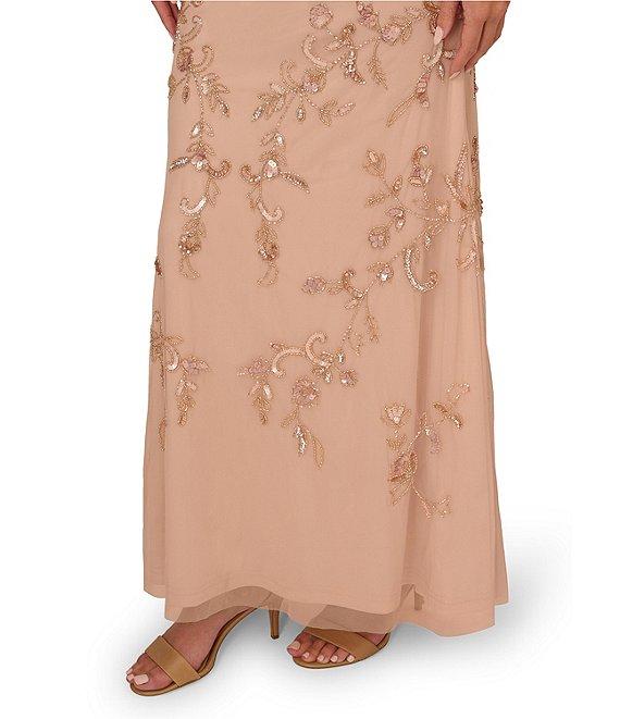 Adrianna Papell Beaded Mesh Floral Print V Neck Long Flutter Sleeve Capelet Long Gown Product Image