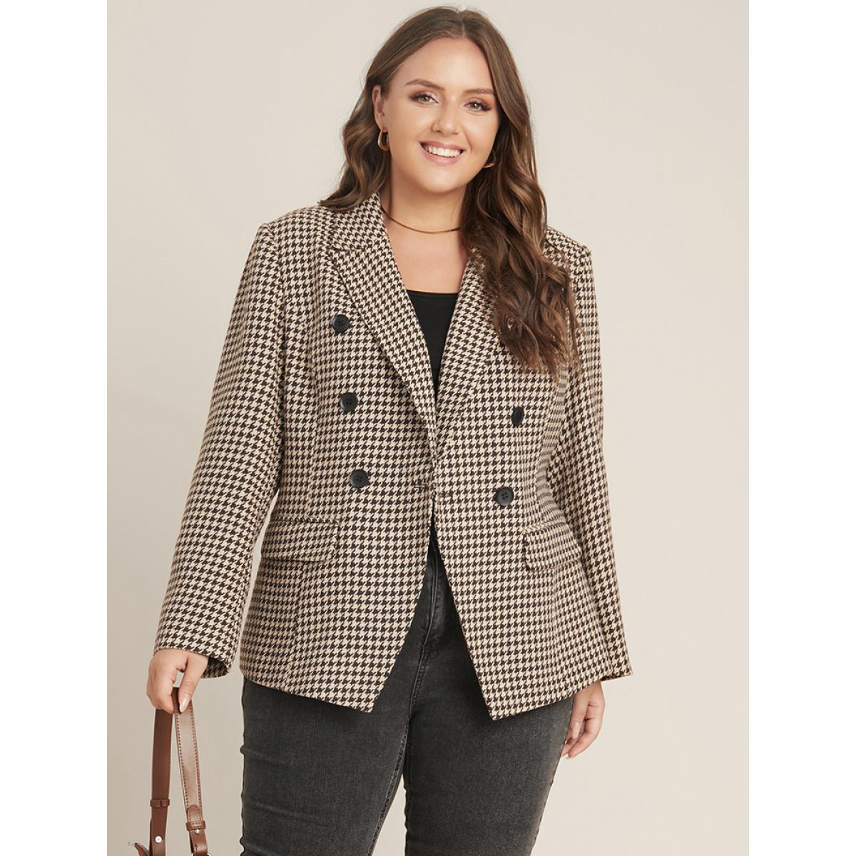 Plus Size Houndstooth Suit Collar Pocket Button Down Coat Women LightBrown Office Button Ladies Office Winter Coats BloomChic 10/M Product Image