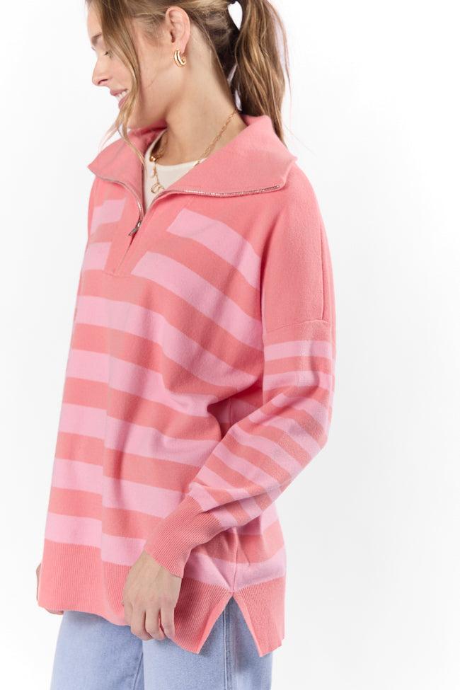 Pulling Heartstrings Coral Multi Stripe Quarter Zip Pullover FINAL SALE Product Image