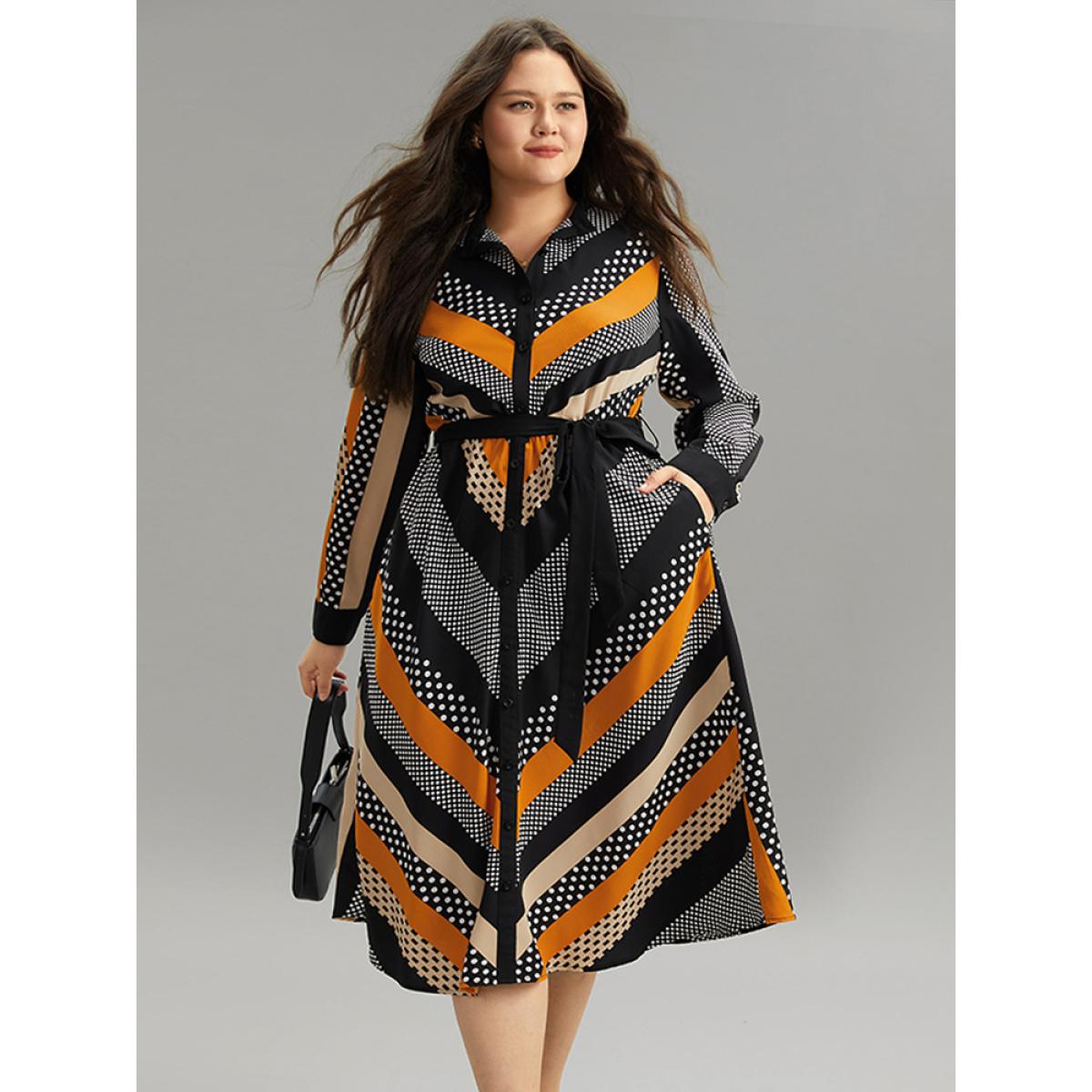 Plus Size Polka Dot Striped Belted Button Through Dress Orange Women At the Office Belted Mock Neck Long Sleeve Curvy Midi Dress BloomChic 28/5X Product Image