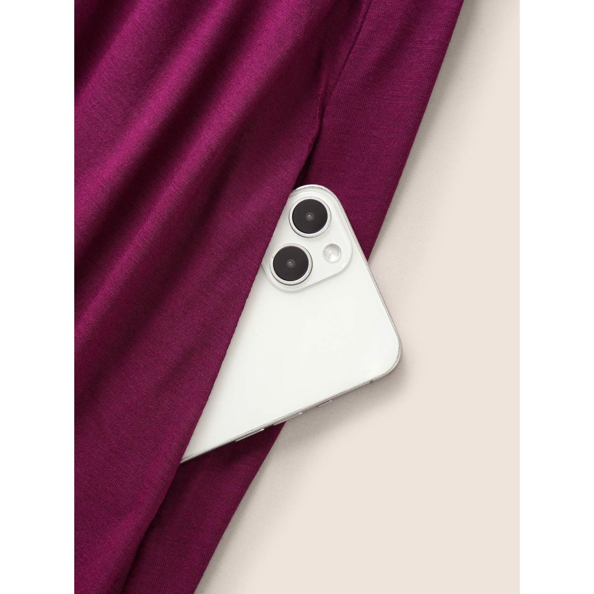 Plus Size Supersoft Essentials Solid Pocket Cuffed Sleeve Dress RedViolet Women Basics Non Round Neck Short sleeve Curvy Midi Dress BloomChic 22-24/3X Product Image