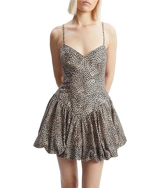 Bardot Lissett Poplin Leopard Print Sweetheart Neck Sleeveless Drop Waist Bubble Hem A-Line Mini Dress Product Image