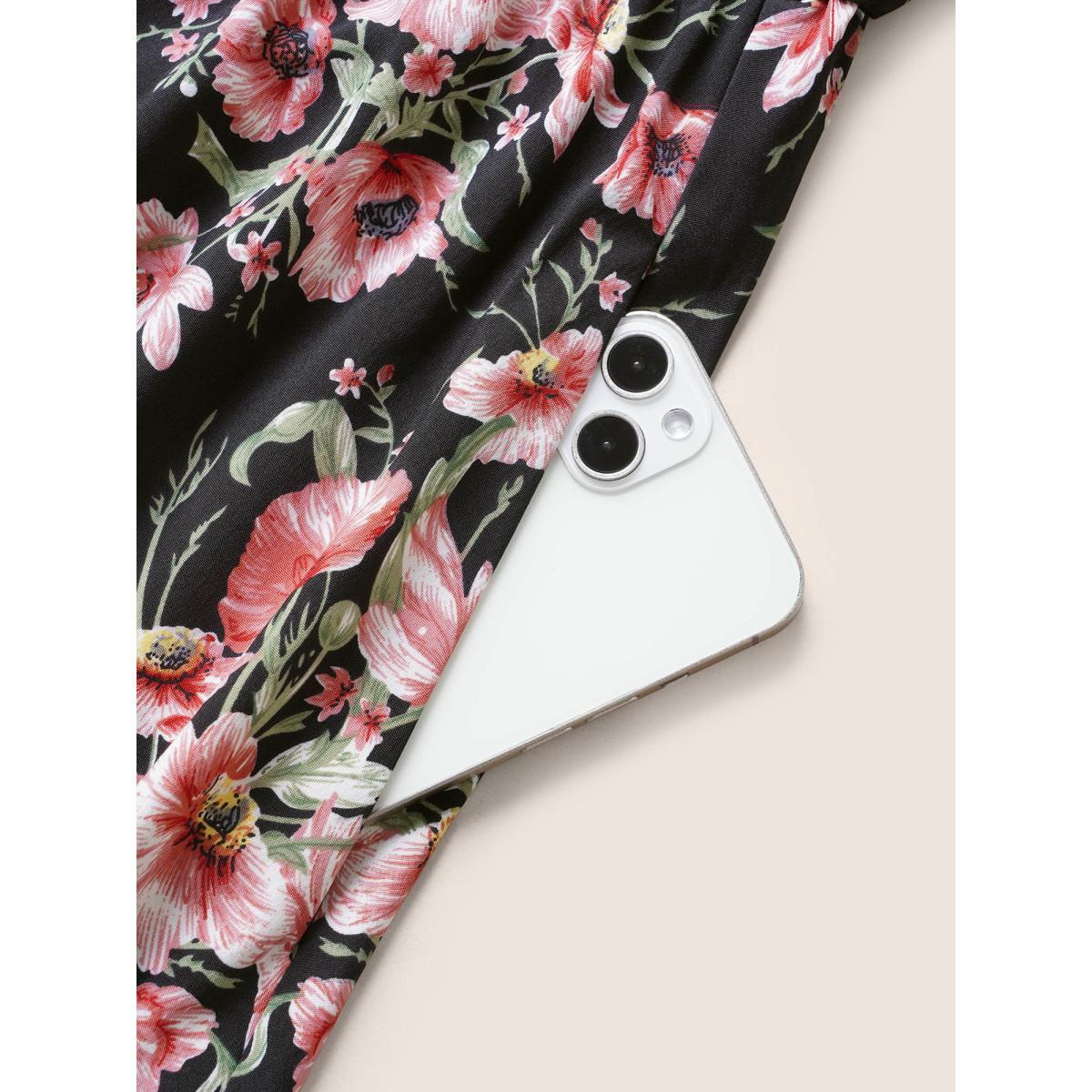 Plus Size Floral Print Halter Elastic Waist Belted Dress Black Women Elegant Non Halter neck Sleeveless Curvy Midi Dress BloomChic 18-20/2X Product Image