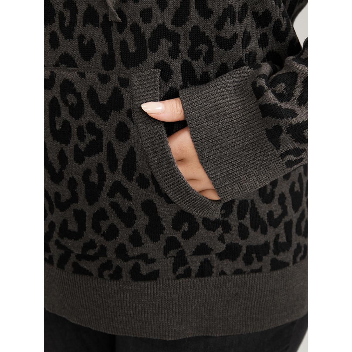 Plus Size Leopard Contrast Pointelle Knit Pocket Drawstring Hooded Knit Top DimGray Women Casual Long Sleeve Hooded Dailywear Pullovers BloomChic 28/5X Product Image